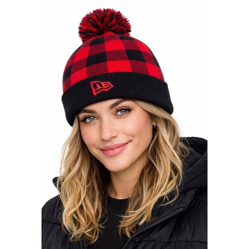 New Era Buffalo Plaid Pom Beanie Red Black Knit Cuffed Winter Hat unisex OSFA